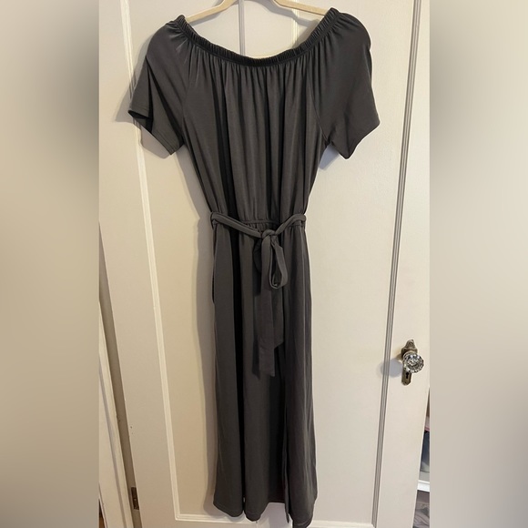Off Shoulder Split Thigh Belted Dress Dark Grey Size L - Picture 4 of 7